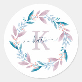 Sticker Rond Lilac Aquarelle Florale Wreath Monogramme