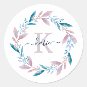 Sticker Rond Lilac Aquarelle Florale Wreath Monogramme