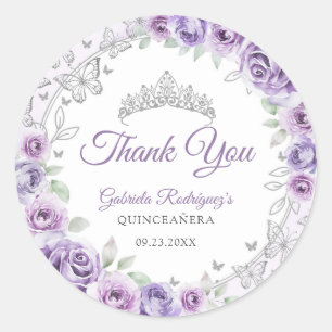 Sticker Rond Lilac Violet Argent Floral Quinceanera