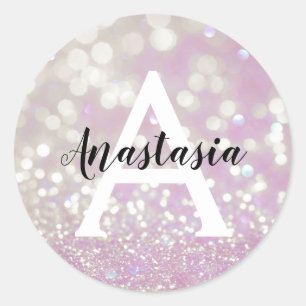 Sticker Rond Lilas scintillant pailleté girly Monogramme Nom