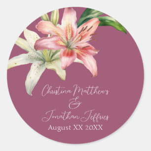 Sticker Rond Lilies Roses et Blanches Romantiques sur Fond Fuch