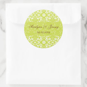 Sticker Rond Lime Green Vintage Damask Lace Chic Wedding Favori