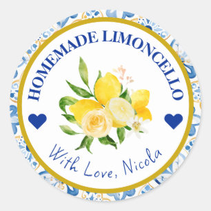 Sticker Rond Limoncello fait maison jaune et bleu aquarelle