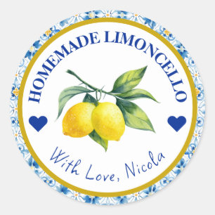Sticker Rond Limoncello fait maison jaune et bleu aquarelle