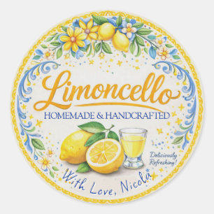 Sticker Rond Limoncello fait maison jaune et bleu aquarelle