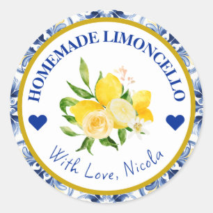 Sticker Rond Limoncello fait maison jaune et bleu aquarelle