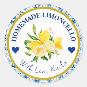 Sticker Rond Limoncello fait maison jaune et bleu aquarelle