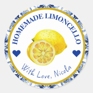 Sticker Rond Limoncello fait maison jaune et bleu aquarelle