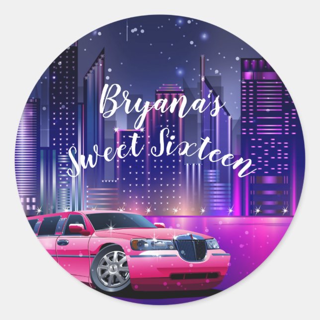 Sticker Rond Limousine rose pour fête d'anniversaire Sweet 16 e (Devant)