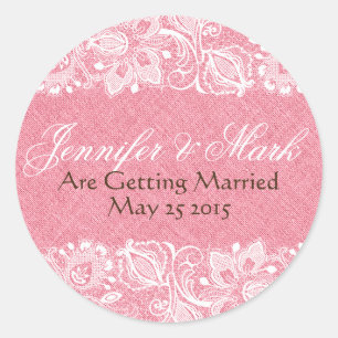 Sticker Rond Lin rose Faux Burlap & Dentelle florale blanche