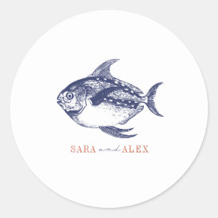 Sticker Rond Line Art Fish Red & Blue Beach Wedding