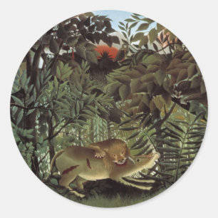 Sticker Rond Lion affamé par Henri Rousseau, animal sauvage Vin