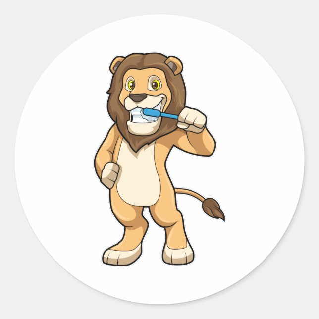 Sticker Rond Lion avec brosse à dents (Devant)