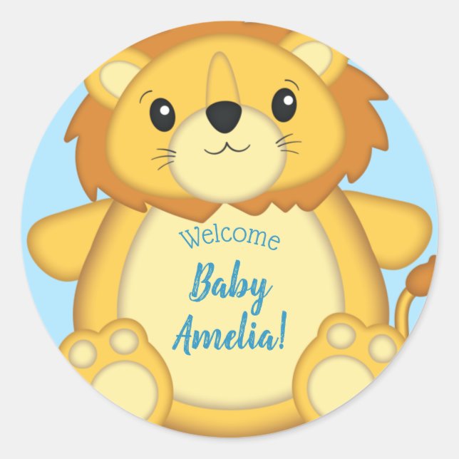 Sticker Rond Lion Baby shower bleu (Devant)