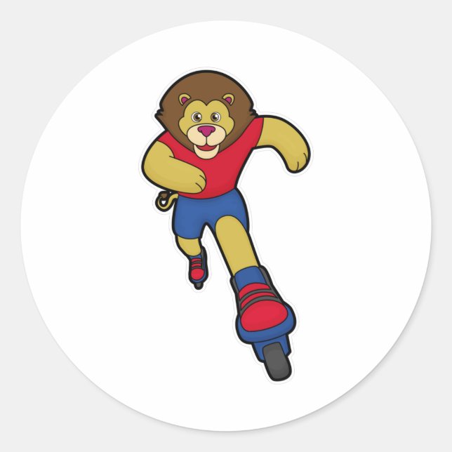 Sticker Rond Lion comme patineur avec patins en ligne (Devant)