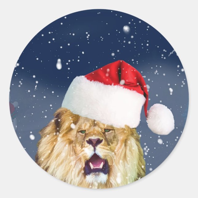 Sticker Rond Lion de Noël dans l'autocollant de Santa Hat (Devant)
