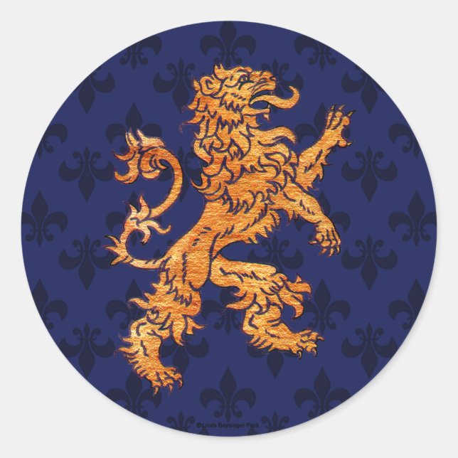 Sticker Rond Lion d'or médiéval bleu fleur de Lis (Devant)