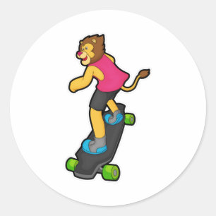 Sticker Rond Lion en Skateboard avec Skateboard