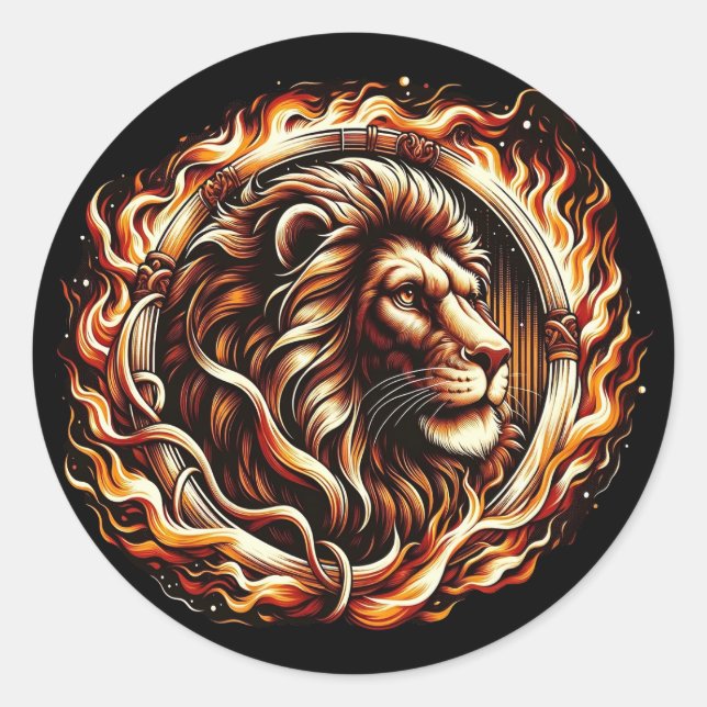 Sticker Rond Lion Flamboyant dans un Anneau de Flammes d'Astrol (Devant)