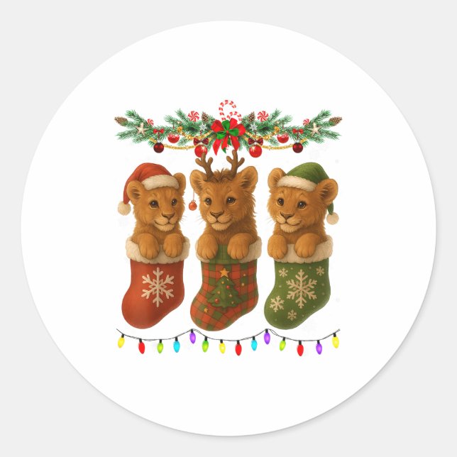 Sticker Rond Lion In Christmas Socks Lights Lion Xmas  (Devant)
