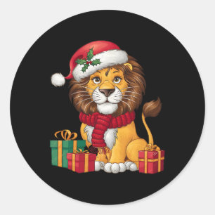 Sticker Rond Lion Lover Xmas vacances Père Noël Lion Noël