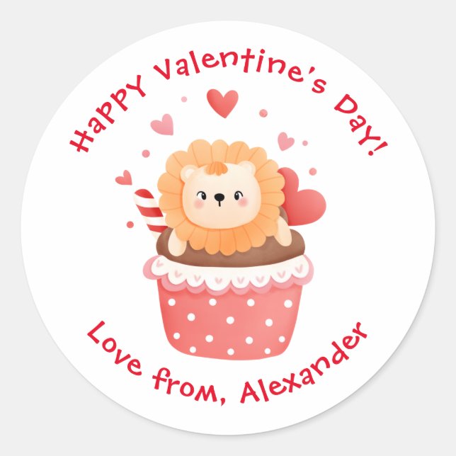 Sticker Rond Lion mignon à Cupcake Custom Kids Saint-Valentin (Devant)
