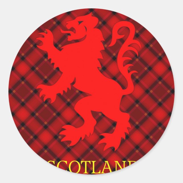 Sticker Rond Lion rouge écossais rampant sur Tartan (Devant)