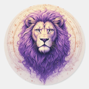 Sticker Rond Lion Royal avec Crinière Violette et Accents Cosmi