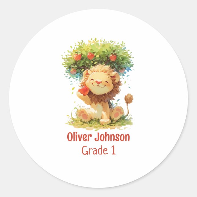 Sticker Rond Lion Souriant Assis Sous Un Pommier Enfants (Devant)