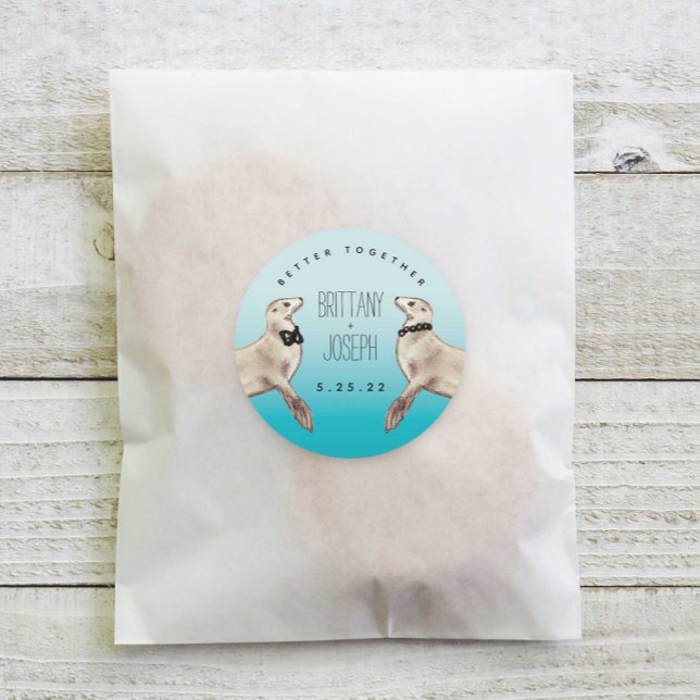 Sticker Rond Lions de mer Turquoise Bleu moderne Mariage classi (Créateur téléchargé)