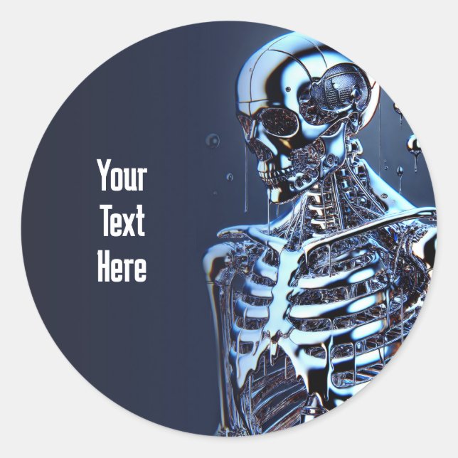 Sticker Rond Liquid Chrome Argent Squelette Robot Anniversaire (Devant)