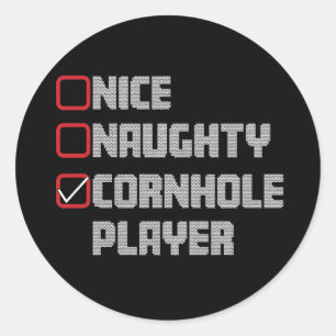 Sticker Rond Liste de joueurs de cornhole Nice Naughty Ugly Chr