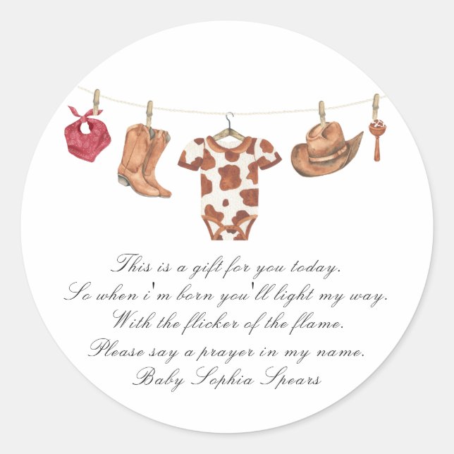 Sticker Rond Little cowboy baby shower - Prayer candle label (Devant)