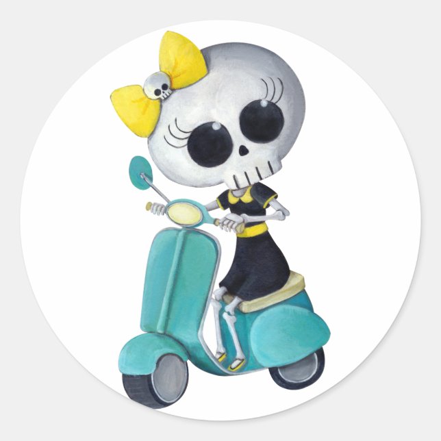 Sticker Rond Little Miss Death sur scooter (Devant)