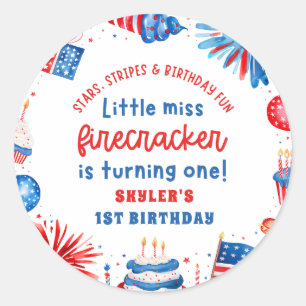 Sticker Rond Little Miss Firecracker 4 juillet 1er anniversaire