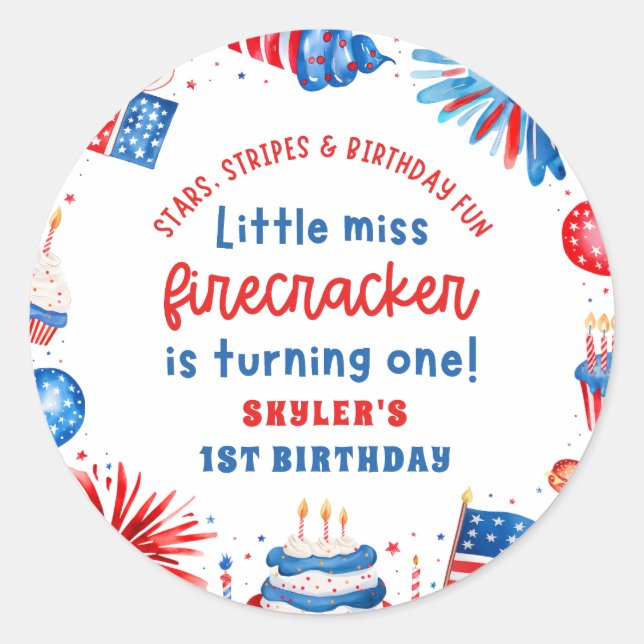 Sticker Rond Little Miss Firecracker 4 juillet 1er anniversaire (Devant)