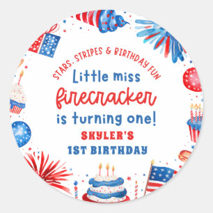 Sticker Rond Little Miss Firecracker 4 juillet 1er anniversaire