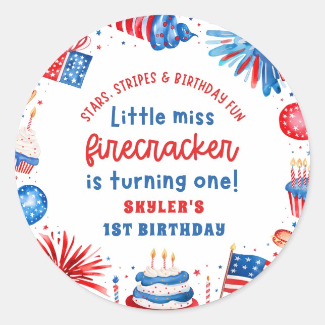 Sticker Rond Little Miss Firecracker 4 juillet 1er anniversaire (Devant)