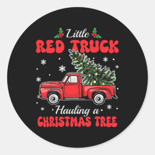 Sticker Rond Little Red Trucks Hauling Père Noël Christmas Tree