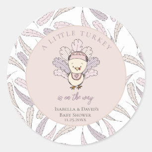 Sticker Rond Little Turkey Feathers Autumn Girl Baby shower