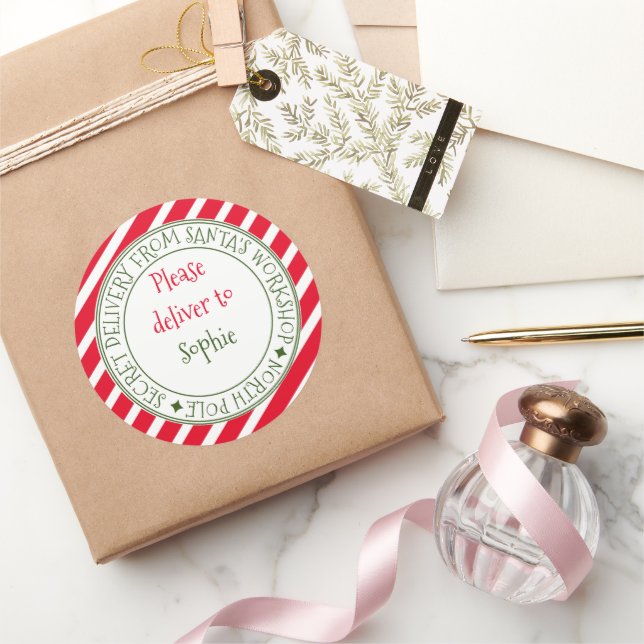 Sticker Rond Livraison secrète de Père Noël rayé cadeau de Noël (Cadeaux)