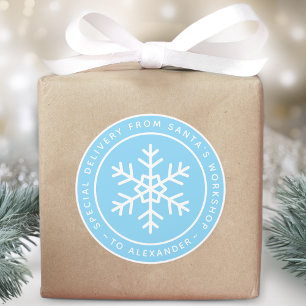Sticker Rond Livraison Spéciale Bleue du Père Noël à Nom Flocon