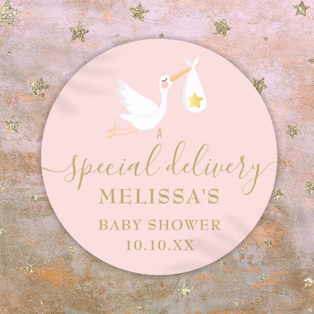 Sticker Rond Livraison spéciale Boule bébé fille Douche rose (Special Delivery Stork Baby Girl Pink Shower Classic Round Sticker)