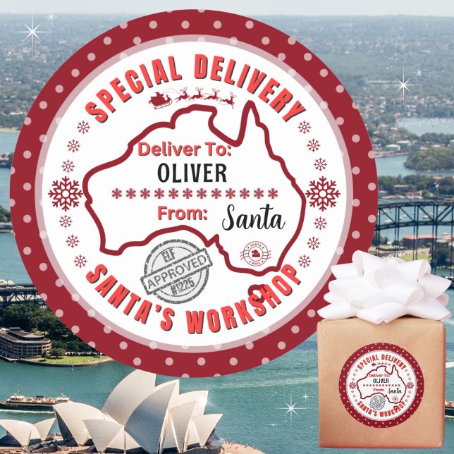 Sticker Rond Livraison spéciale de Père Noël à Enfant en Austra (Recommend 3"/Matte for hand written names. Merry Christmas Mate!)