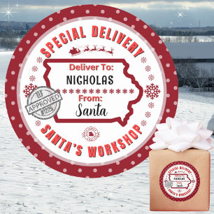 Sticker Rond Livraison spéciale de Père Noël à Enfant en Iowa