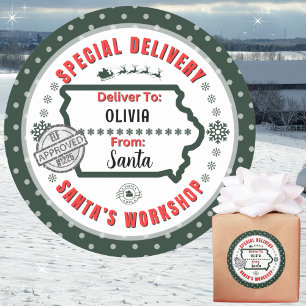 Sticker Rond Livraison spéciale de Père Noël à Enfant en Iowa G