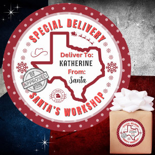 Sticker Rond Livraison spéciale de Père Noël à Enfant en Texas 