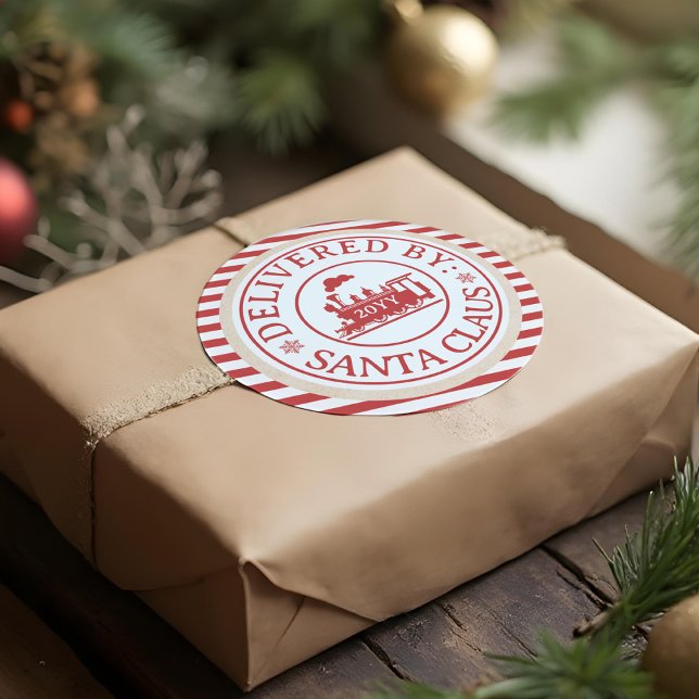 Sticker Rond Livraison Spéciale Du Train Du Pôle Nord Par Santa (North Pole Train Special Delivery By Santa Claus Classic Round Sticker)