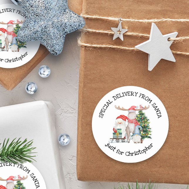 Sticker Rond Livraison spéciale personnalisée de Père Noël Cute (Special Delivery from Santa Sticker - personalized with child's name)