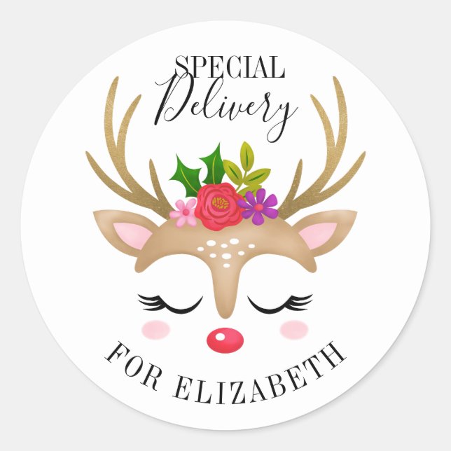 Sticker Rond Livraison spéciale Visage de renne de Noël mignon (Devant)